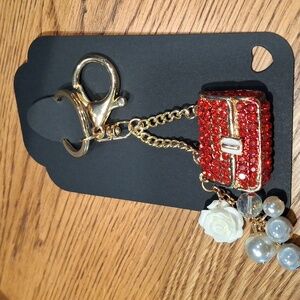 Red & Gold Purse Charm/Keychain with Pearl Accents